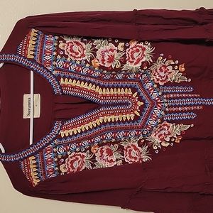 Savannah Jane maroon embroidered blouse with bell sleeves